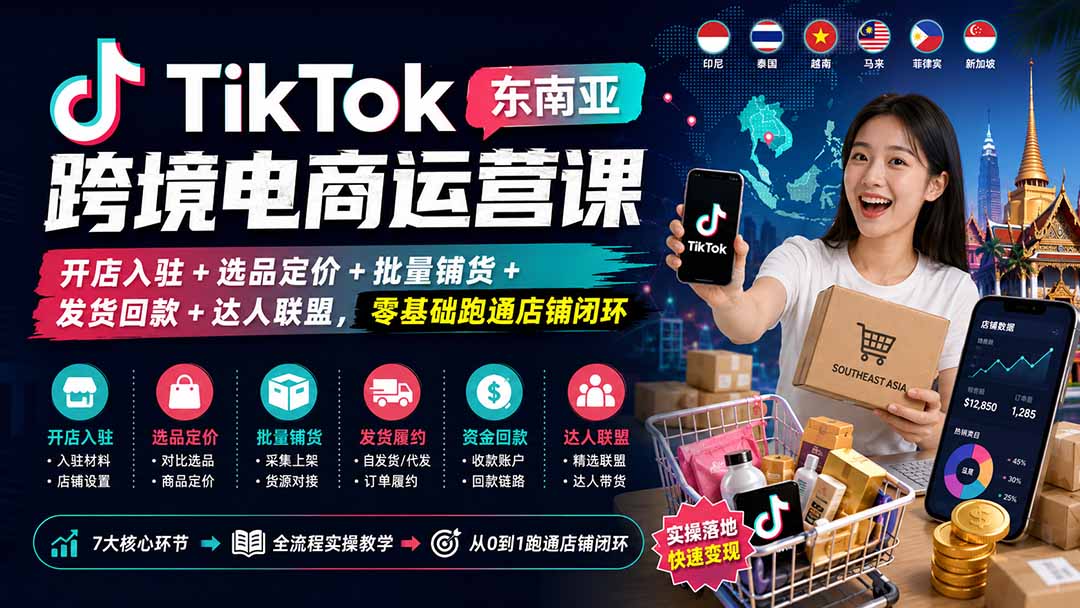 （20059期）TikTok东南亚跨境电商运营课：开店入驻+选品定价+批量铺货+发货回款+达人联盟，零基础跑通店铺闭环-小二项目网