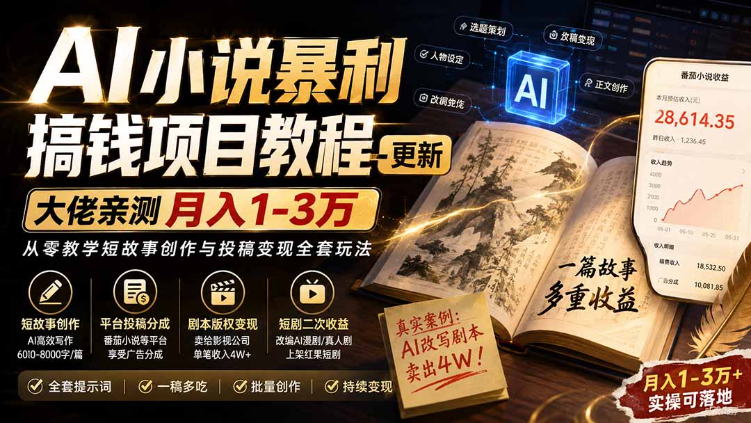 （20044期）AI小说暴利搞钱项目教程-更新，大佬亲测月入1-3万，从零教学短故事创作与投稿变现全套玩法-小二项目网