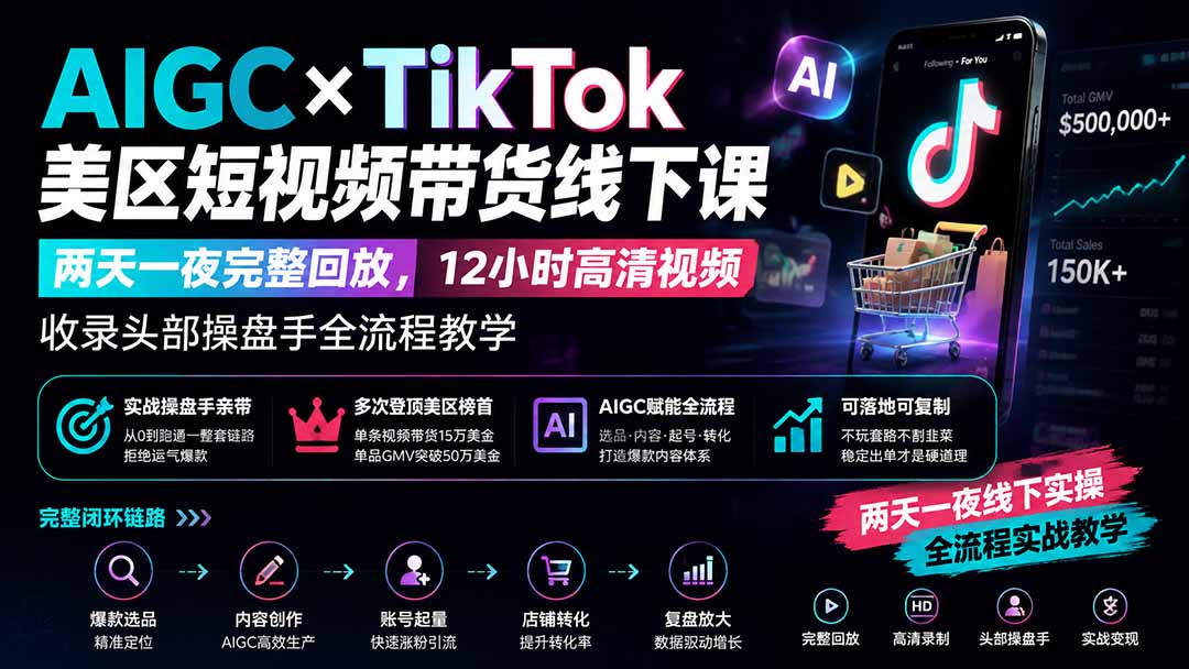 （19778期）AIGC×TikTok美区短视频带货线下课；两天一夜完整回放，12小时高清视频收录头部操盘手全流程教学-小二项目网