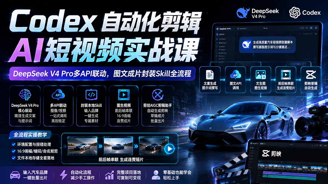 （19711期）Codex自动化剪辑AI短视频实战课｜DeepSeek V4 Pro多API联动，图文成片封装Skill全流程-小二项目网