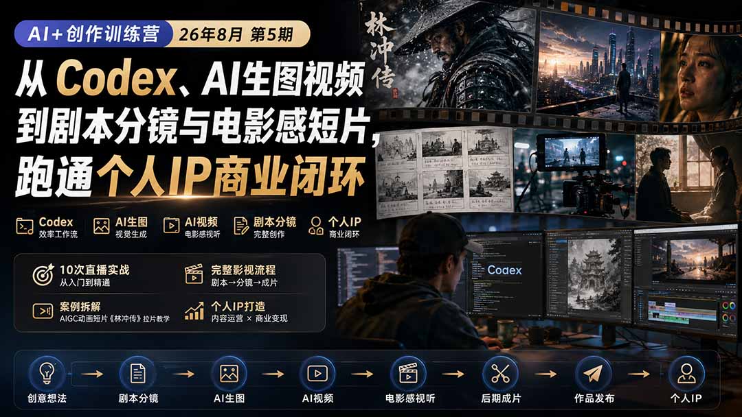 （20145期）AI+创作训练营26年8月第5期：从Codex、AI生图视频到剧本分镜与电影感短片，跑通个人IP商业闭环-小二项目网