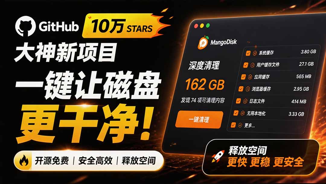 （19894期）在Gtihub上做出10万 stars 的大神，又发布新项目了！一键让磁盘更干净，开源免费清理工具 MangoDisk-小二项目网