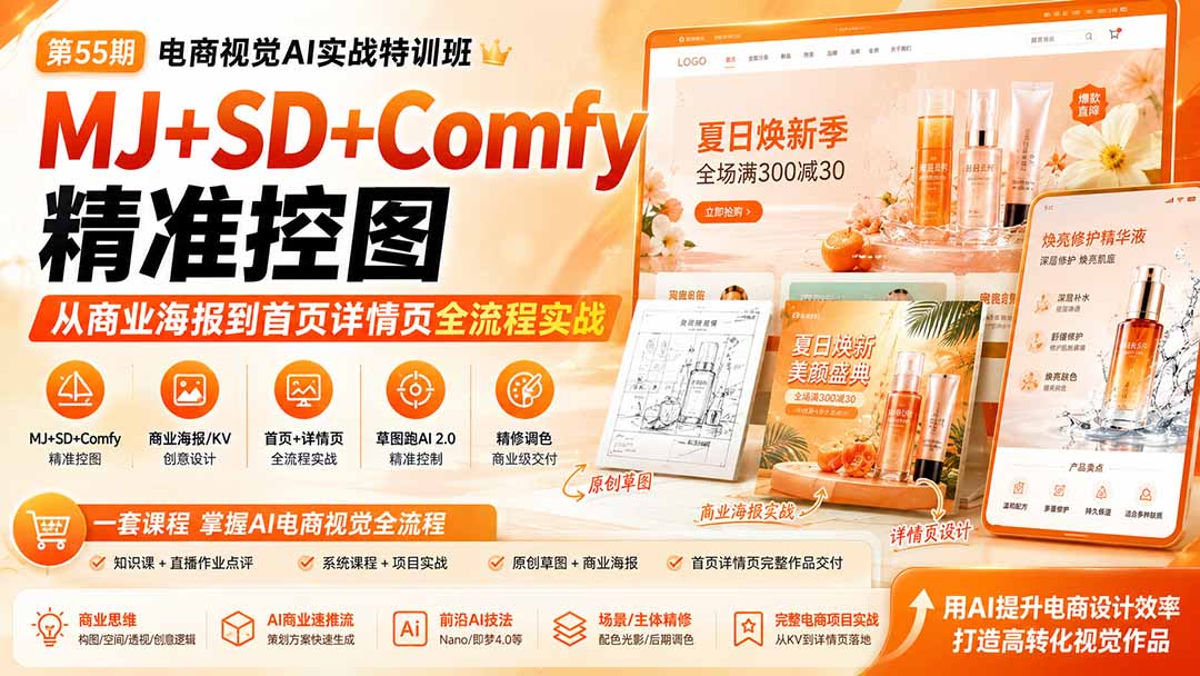 （20027期）电商视觉 AI实战训练营第55期：MJ+SD+Comfy精准控图，从商业海报到首页详情页全流程实战-小二项目网