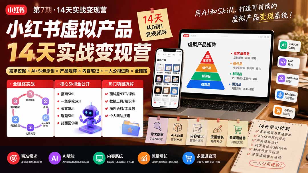 （19712期）小红书虚拟产品14天实战变现营-第7期：需求挖掘×AI+Skill原创×产品矩阵×内容笔记×一人公司进阶×全链路-小二项目网