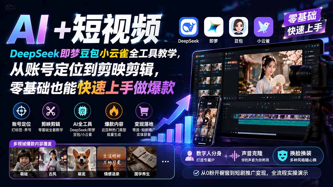 （19759期） AI+短视频｜DeepSeek即梦豆包小云雀全工具教学，从账号定位到剪映剪辑，零基础也能快速上手做爆款-小二项目网