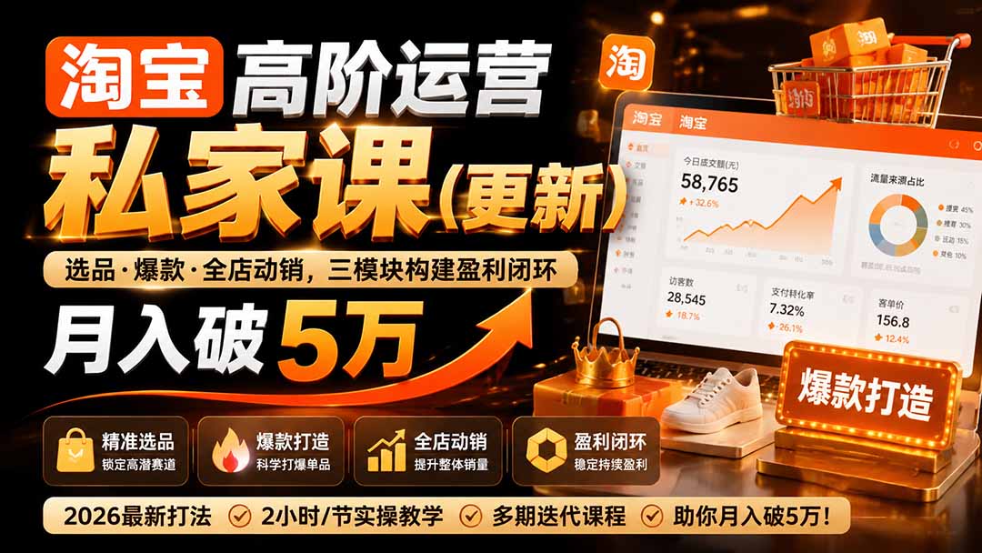 （19726期）淘宝高阶运营私家课（更新26年4月18）：选品、爆款、全店动销，三模块构建盈利闭环，月入破5万-小二项目网