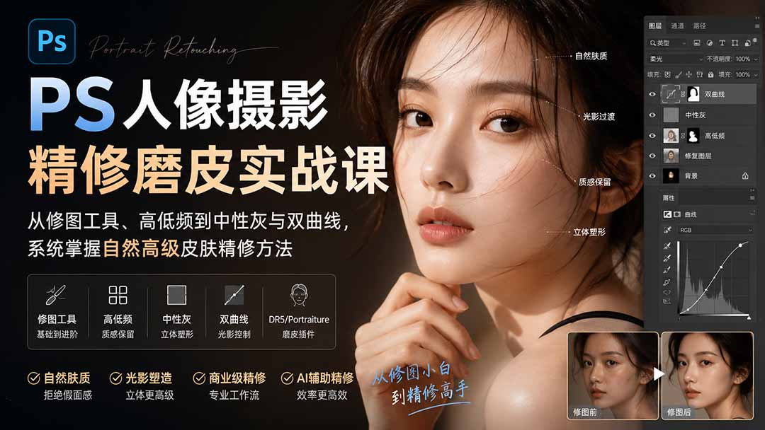 （20061期）PS人像摄影精修磨皮实战课：从修图工具、高低频到中性灰与双曲线，系统掌握自然高级皮肤精修方法-小二项目网