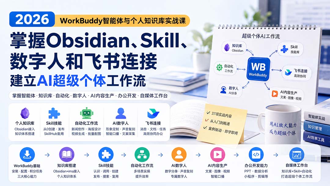 （20169期）2026 WorkBuddy智能体与个人知识库实战课：掌握Obsidian、Skill、数字人和飞书连接，建立AI超级个体工作流-小二项目网
