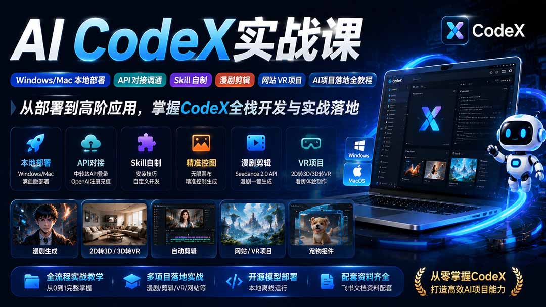 （19769期）AI  CodeX实战课｜Windows/Mac 本地部署｜API 对接调通｜Skill 自制｜漫剧剪辑｜网站 VR 项目｜AI项目落地全教程-小二项目网
