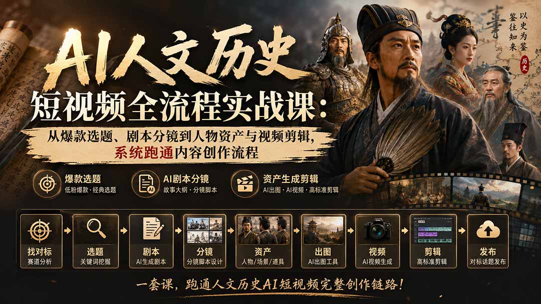 （20074期）AI人文历史短视频全流程实战课：从爆款选题、剧本分镜到人物资产与视频剪辑，系统跑通内容创作流程-小二项目网