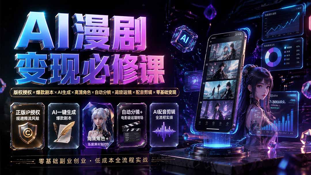 （19664期）AI漫剧变现必修课：版权授权×爆款剧本×AI生成×高清角色×自动分镜×高级运镜×配音剪辑×零基础变现-小二项目网