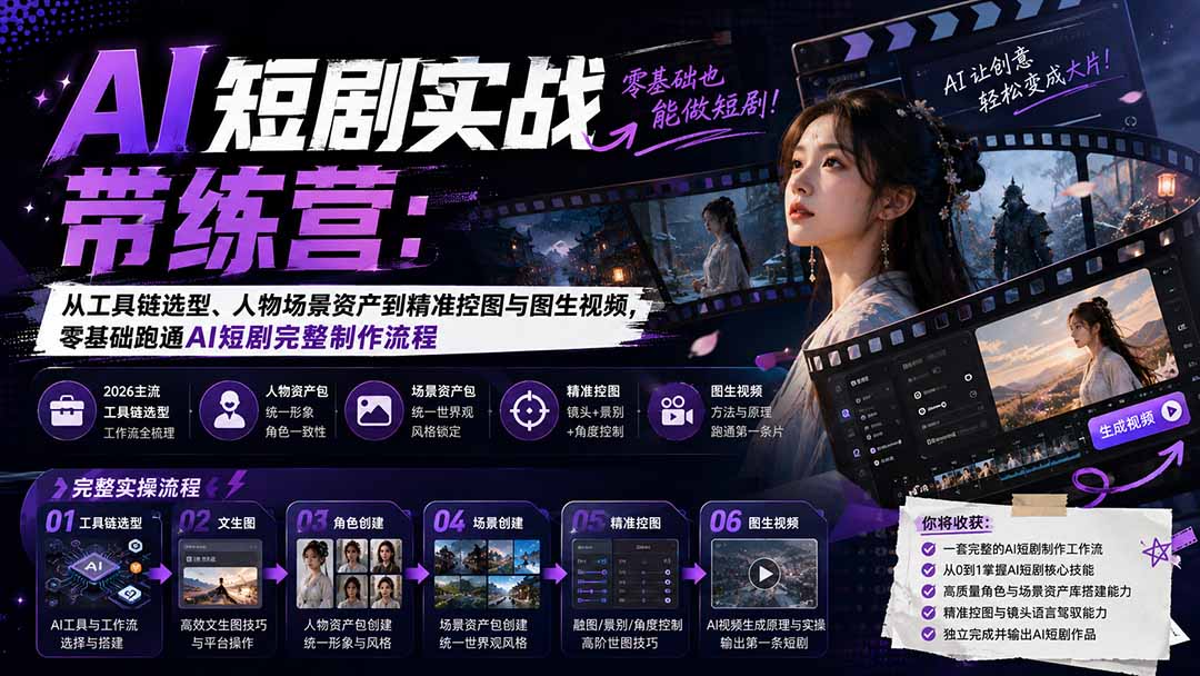 （20064期）AI短剧实战训练营：从工具链选型、人物场景资产到精准控图与图生视频，零基础跑通AI短剧完整制作流程-小二项目网