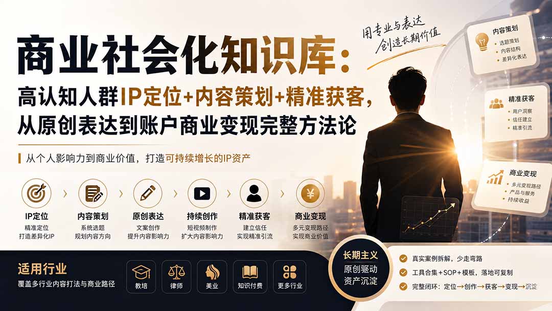 （19733期）商业社会化知识库：高认知人群IP定位+内容策划+精准获客，从原创表达到账户商业变现完整方法论-小二项目网