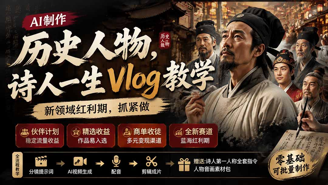 （19758期）历史人物，诗人一生Vlog教学， AI制作丨伙伴计划丨精选收益丨商单收徒 ，新领域红利期，抓紧做-小二项目网