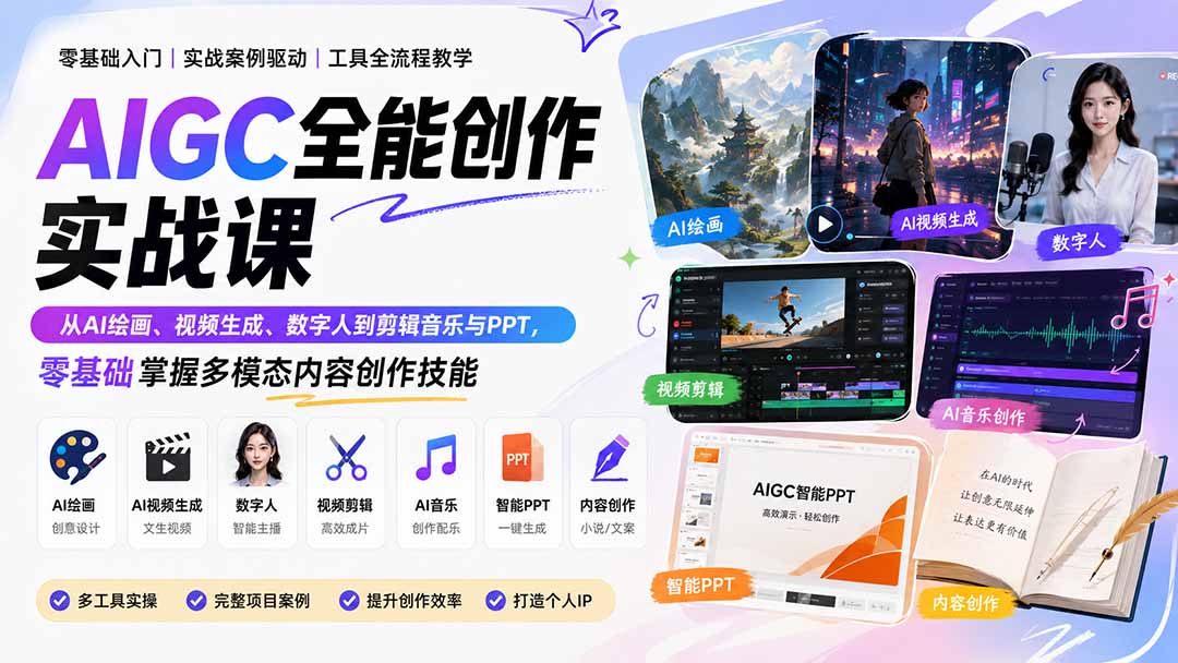 （20065期）AIGC全能创作实战课：从AI绘画、视频生成、数字人到剪辑音乐与PPT，零基础掌握多模态内容创作技能-小二项目网