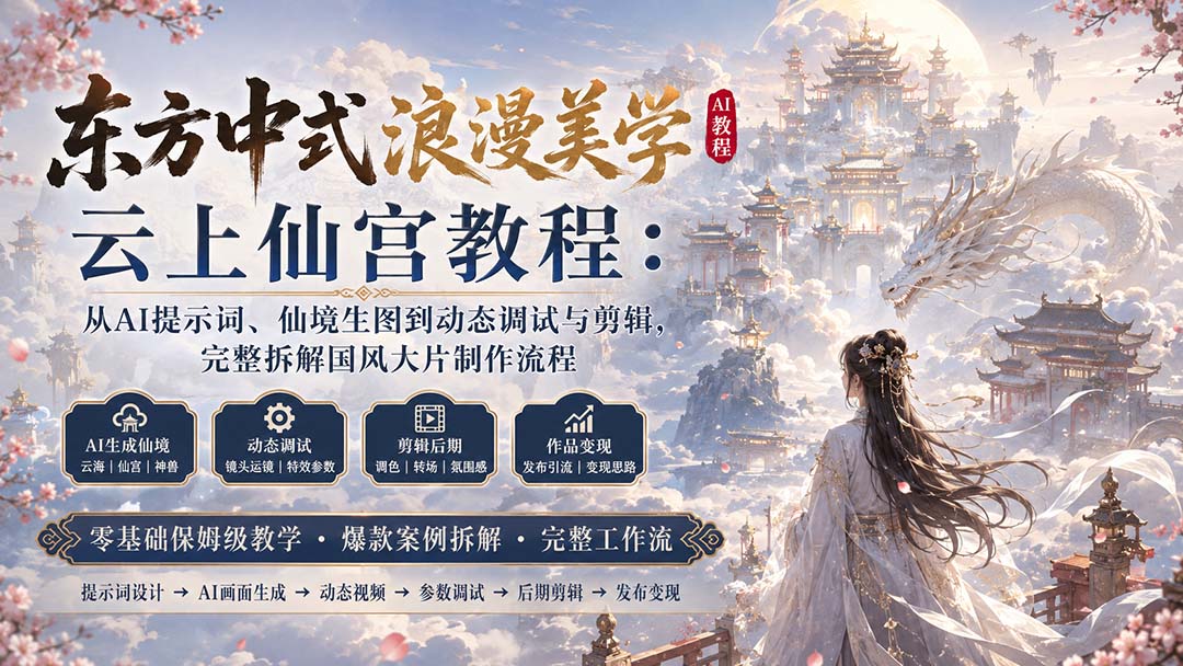 （20147期）东方中式浪漫美学云上仙宫教程：从AI提示词、仙境生图到动态调试与剪辑，完整拆解国风大片制作流程-小二项目网
