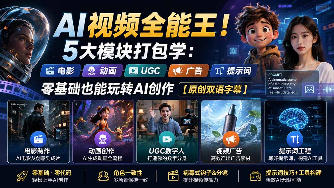 （20048期）AI视频全能王！5大模块打包学：电影、动画、UGC、广告、提示词，零基础也能玩转AI创作【原创双语字幕】-小二项目网