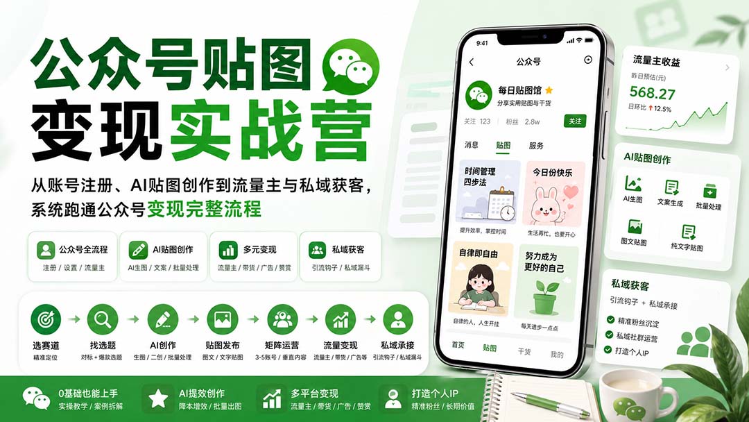 （20120期）公众号贴图变现实战营：从账号注册、AI贴图创作到流量主与私域获客，系统跑通公众号变现完整流程-小二项目网