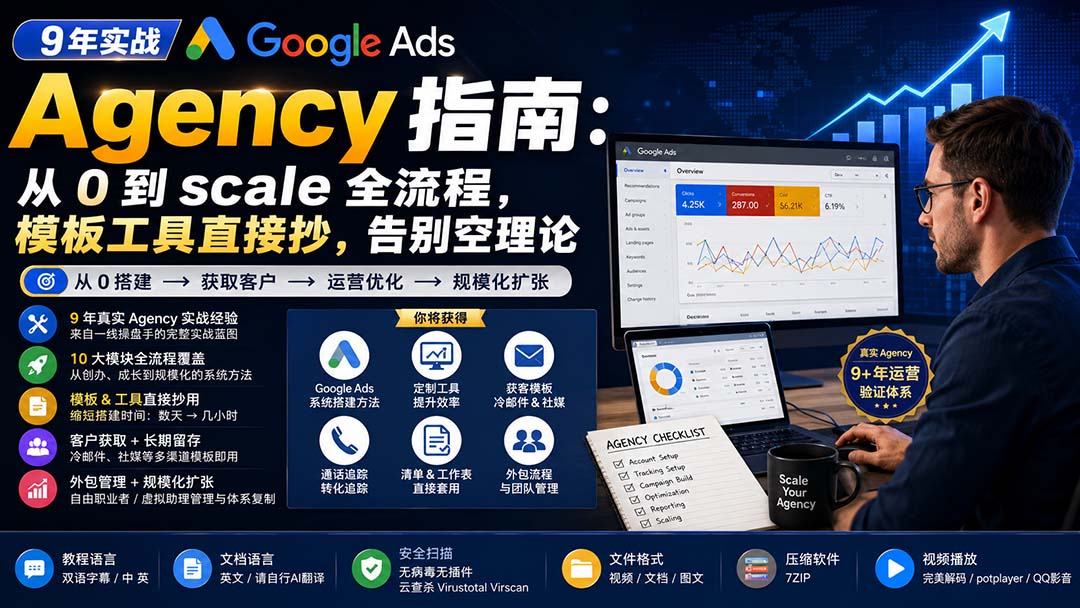 （20139期）9 年实战 Google Ads Agency 指南：从 0 到 scale 全流程，模板工具直接抄，告别空理论【原创双语字幕】-小二项目网