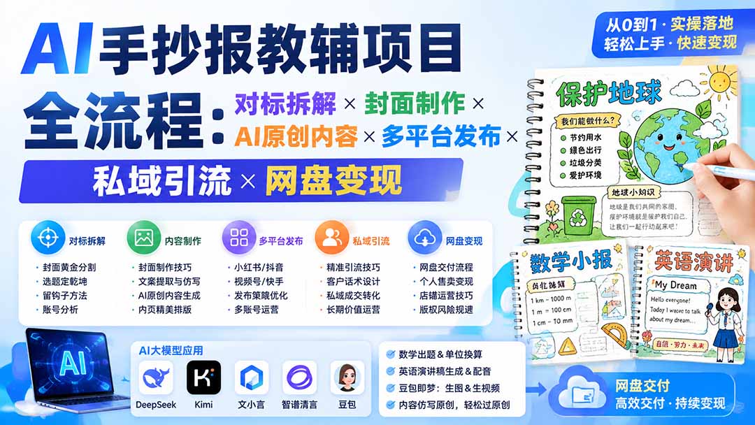 （19785期）AI手抄报教辅项目全流程：对标拆解×封面制作×AI原创内容×多平台发布×私域引流×网盘变现-小二项目网