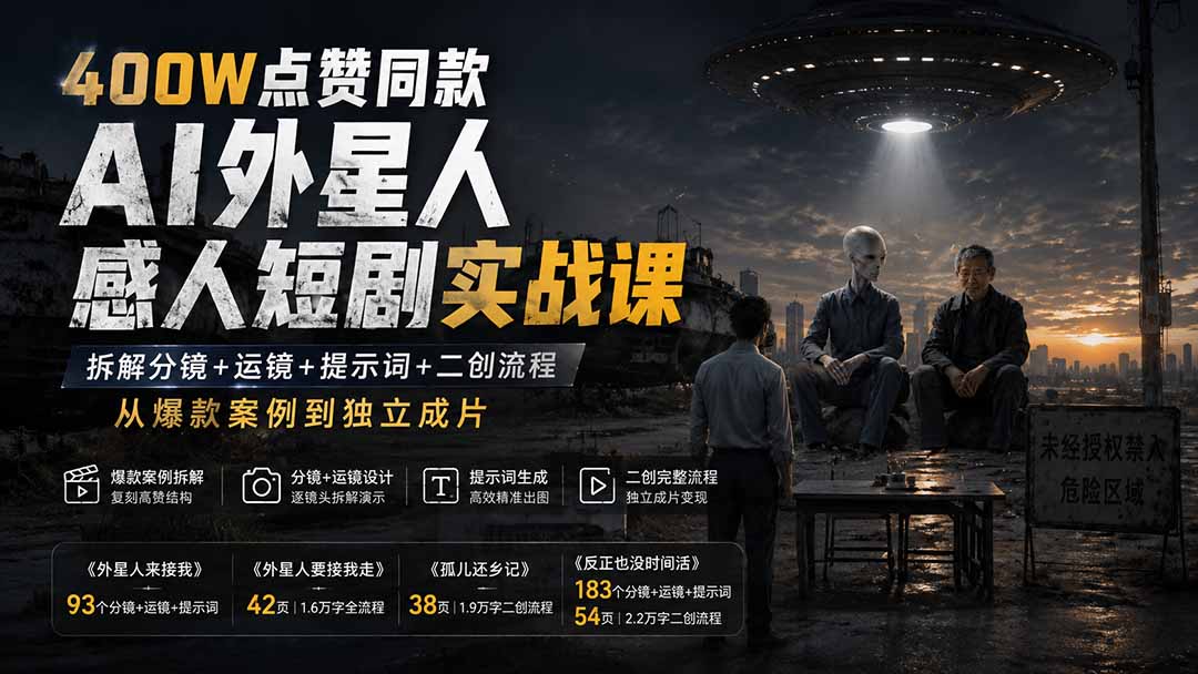 （20052期）400W点赞同款AI外星人感人短剧实战课：拆解分镜+运镜+提示词+二创流程，从爆款案例到独立成片-小二项目网