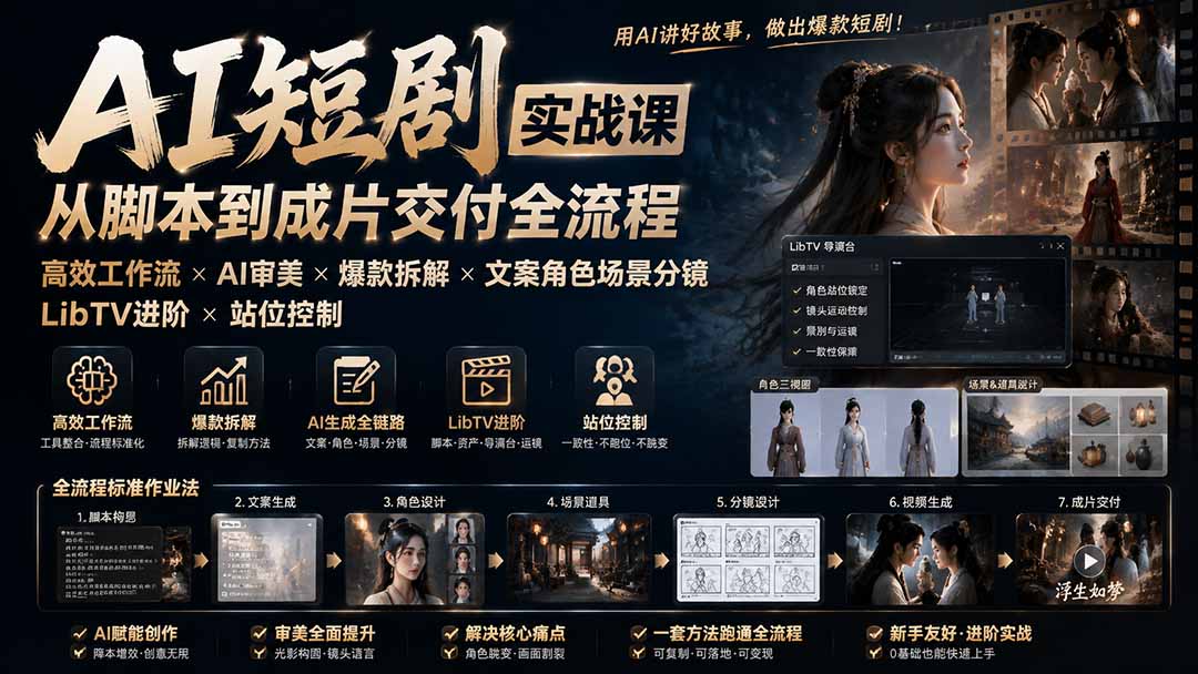（19717期）AI短剧实战课：高效工作流×AI审美×爆款拆解×文案角色场景分镜×LibTV进阶×站位控制×从脚本到成片交付全流程-小二项目网