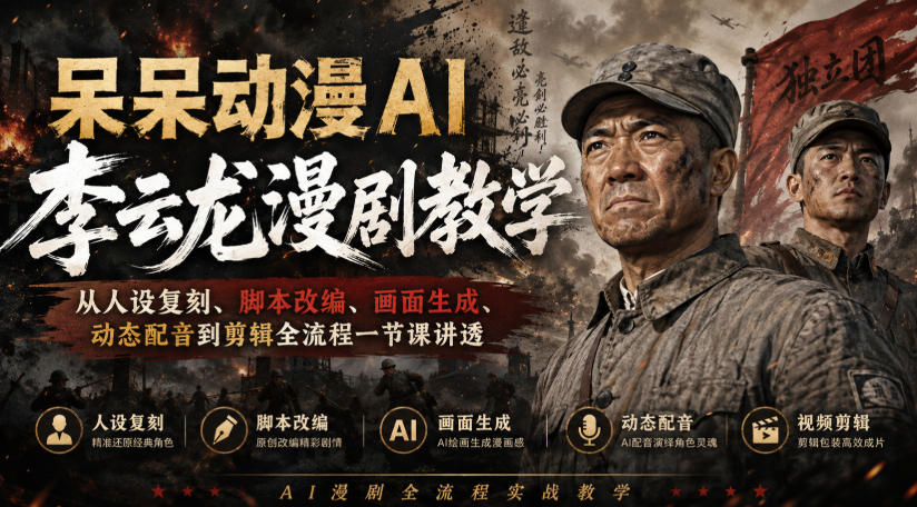 呆呆动漫AI李云龙漫剧教学，从人设复刻、脚本改编、画面生成、动态配音到剪辑全流程一节课讲透-小二项目网