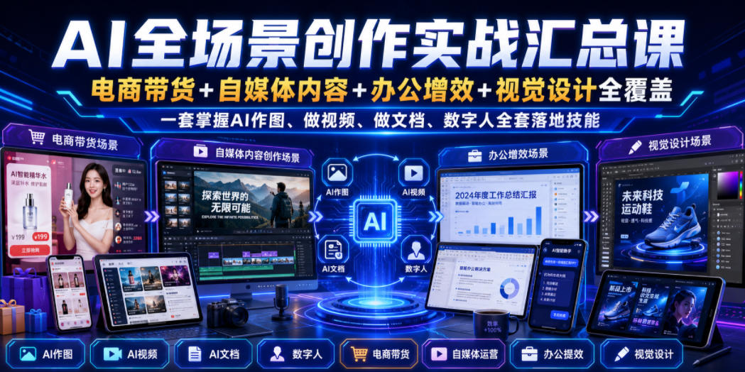 AI全场景创作实战汇总课｜电商带货+自媒体内容+办公增效+视觉设计全覆盖，一套掌握AI作图、做视频、做文档、数字人全套落地技能-小二项目网