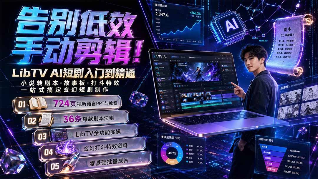 （19678期）告别低效手动剪辑！LibTV AI短剧入门到精通，小说转剧本方法，故事板打斗特效一站式搞定玄幻短剧制作-小二项目网