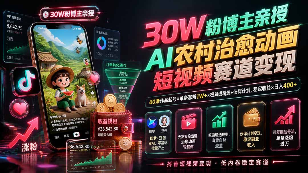 （19648期）30W粉博主亲授AI农村治愈动画短视频赛道变现：60条作品起号×单条涨粉1W+×极易进精选+伙伴计划，稳定收益×日入400+-小二项目网