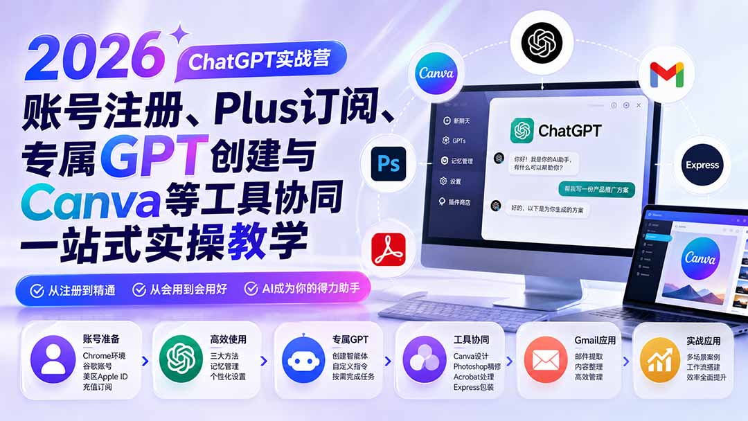 （19924期）2026 ChatGPT实战营；账号注册、Plus订阅、专属GPT创建与Canva等工具协同一站式实操教学-小二项目网