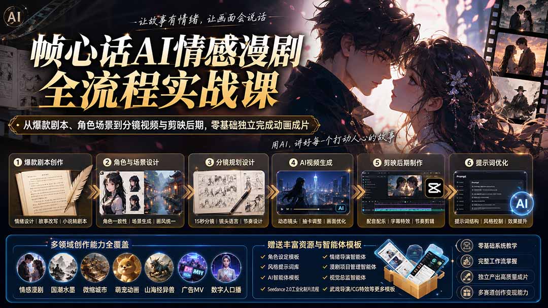 （20036期）帧心话AI情感漫剧全流程实战课：从爆款剧本、角色场景到分镜视频与剪映后期，零基础独立完成动画成片-小二项目网