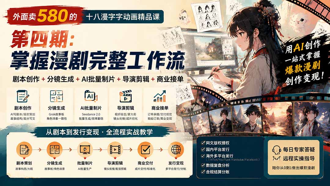 （20075期）外面卖580的十八漫字字动画精品课-第四期：剧本创作+分镜生成+AI批量制片+导演剪辑+商业接单，掌握漫剧完整工作流-小二项目网