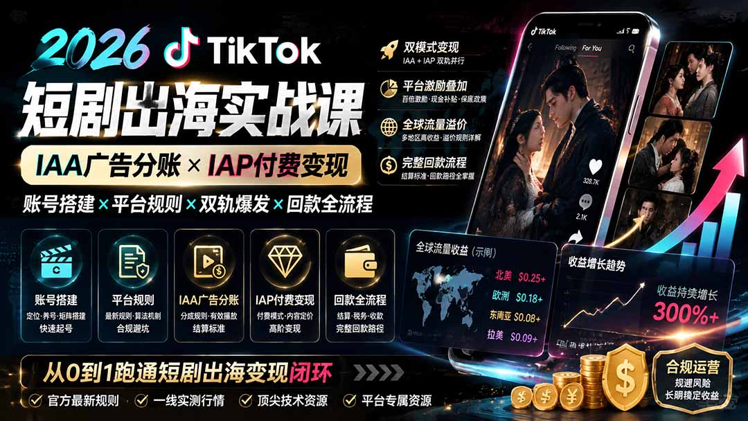 （19740期）2026TikTok短剧出海实战课：IAA广告分账×IAP付费变现×账号搭建×平台规则×双轨爆发×回款全流程-小二项目网