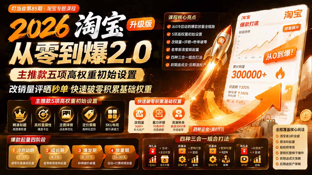 （19742期）2026淘宝从零到爆2.0第85期；主推款五项高权重初始设置，改销量评晒秒单快速破零积累基础权重-小二项目网
