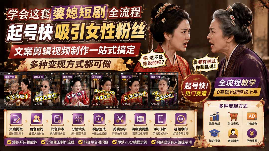 （19704期）学会这套婆媳短剧全流程：起号快吸引女性粉丝，文案剪辑视频制作一站式搞定，多种变现方式都可做-小二项目网