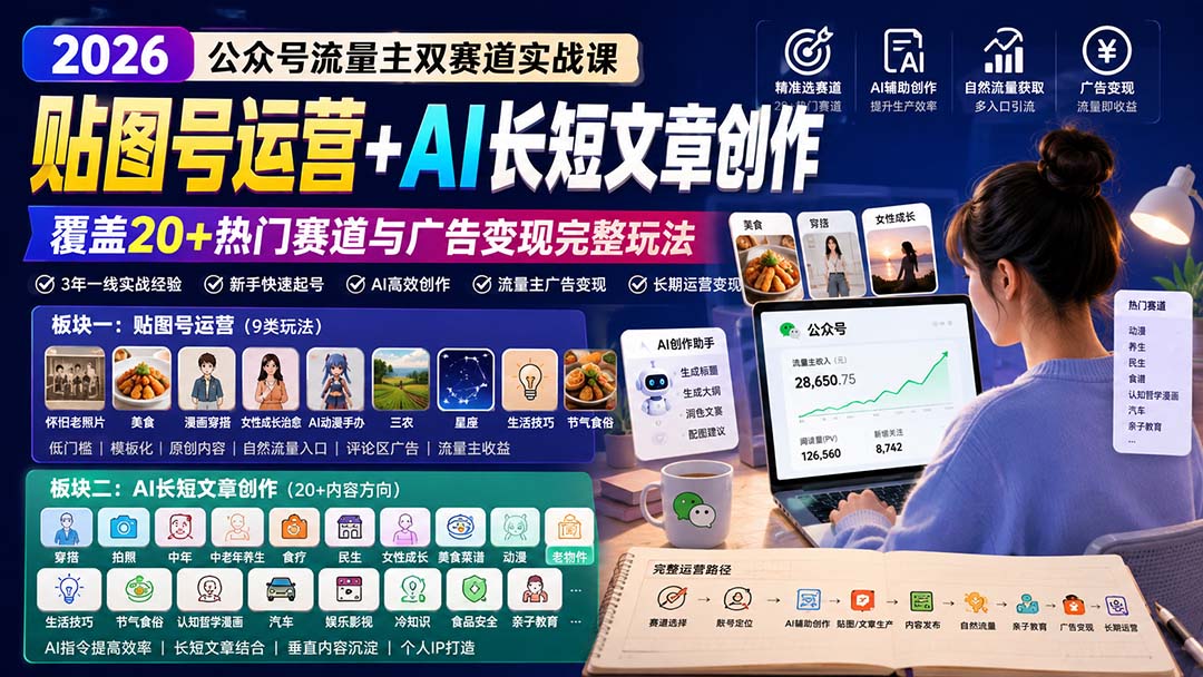 （20153期）公众号流量主双赛道实战课：贴图号运营+AI长短文章创作，覆盖20+热门赛道与广告变现完整玩法-小二项目网