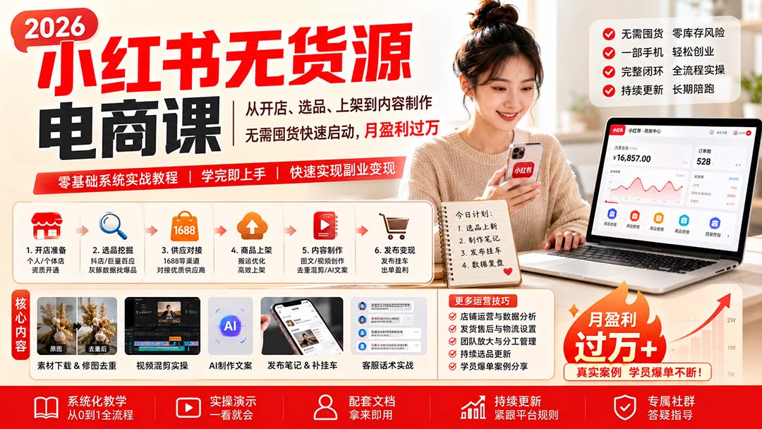 （20154期）小红书无货源电商课(8月30更新)：从开店、选品、上架到内容制作，无需囤货快速启动，月盈利过万-小二项目网