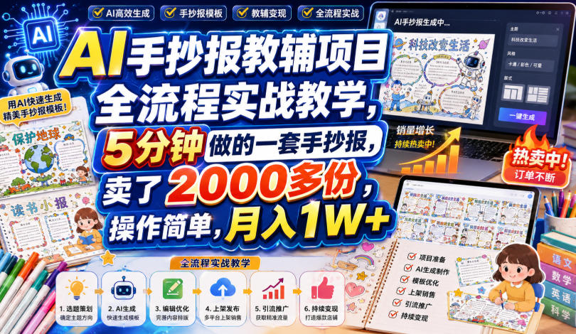 AI手抄报教辅项目全流程实战教学，5分钟做的一套手抄报，卖了2000多份，操作简单，月入1W+-小二项目网