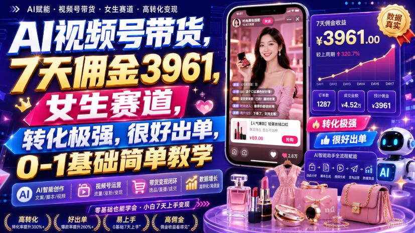 AI视频号带货，7天佣金3961，女生赛道，转化极强，很好出单，0-1基础简单教学-小二项目网