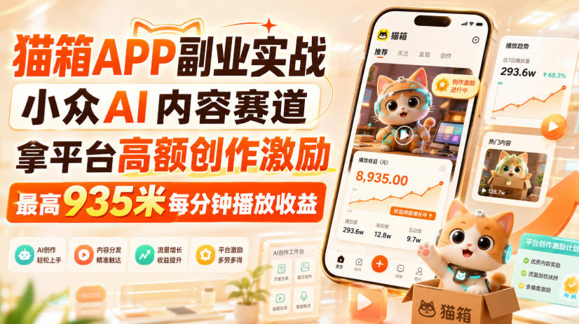 猫箱APP副业实战，小众AI内容赛道，拿平台高额创作激励，最高935米每分钟播放收益-小二项目网