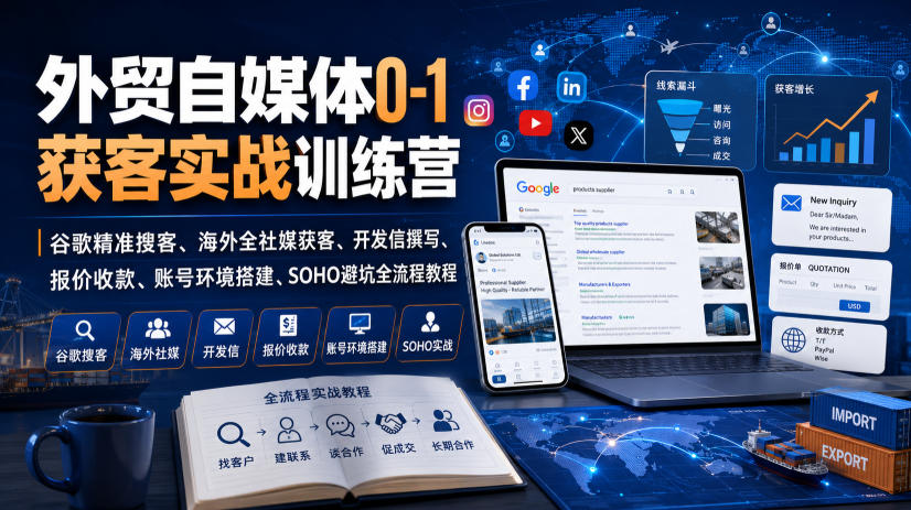 外贸自媒体0-1获客实战训练营｜谷歌精准搜客、海外全社媒获客、开发信撰写、报价收款、账号环境搭建、SOHO避坑全流程教程-小二项目网