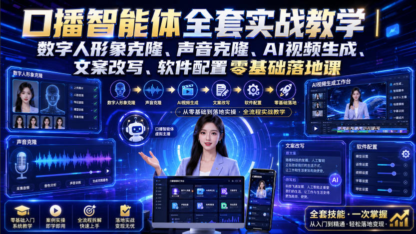 口播智能体全套实战教学｜数字人形象克隆、声音克隆、AI视频生成、文案改写、软件配置零基础落地课-小二项目网