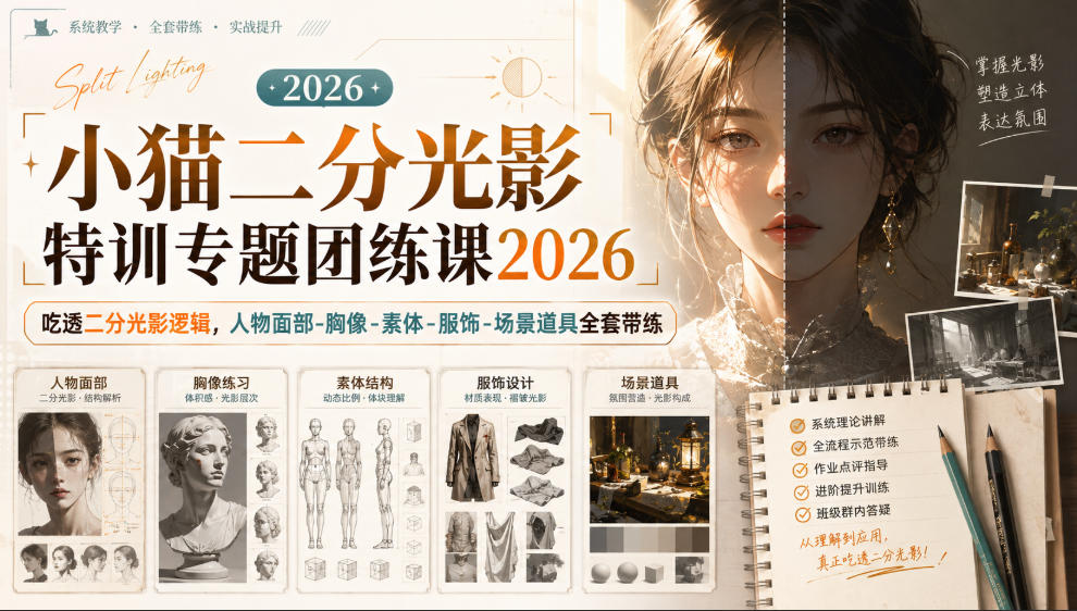 小猫二分光影特训专题团练课2026｜吃透二分光影逻辑，人物面部‑胸像‑素体‑服饰‑场景道具全套带练，高清画质附赠课件与笔刷-小二项目网
