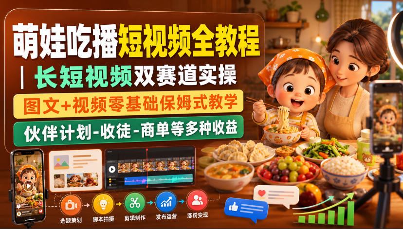 萌娃吃播短视频全教程｜长短视频双赛道实操，图文+视频零基础保姆式教学，伙伴计划-收徒-商单等多种变现方式-小二项目网