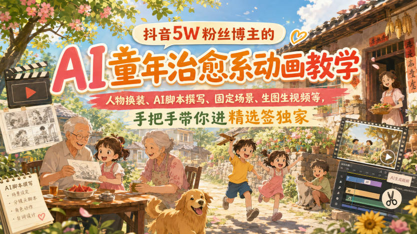抖音5W粉丝博主的AI童年治愈系动画教学，人物换装、AI脚本撰写、固定场景、生图生视频等，手把手带你进精选签独家-小二项目网