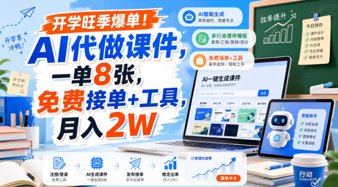 开学旺季爆单！AI代做课件，一单8张，免费接单+工具，月入2W【揭秘】-小二项目网