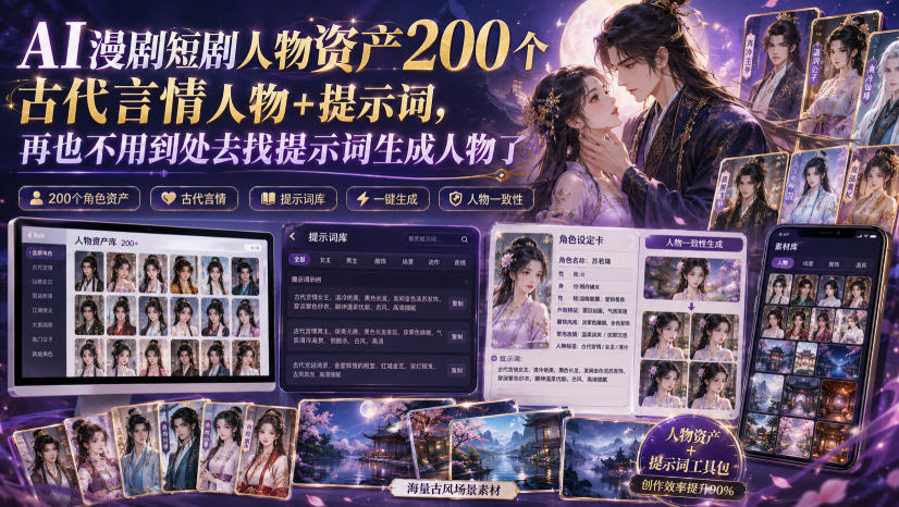 AI漫剧短剧人物资产200个古代言情人物+提示词，再也不用到处去找提示词生成人物了-小二项目网