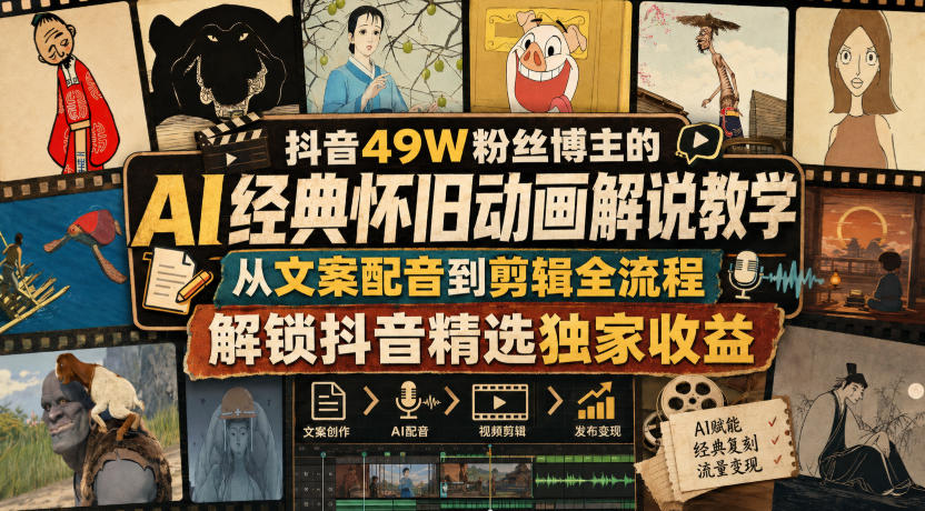抖音49W粉丝博主的AI经典怀旧动画解说教学，从文案配音到剪辑全流程，解锁抖音精选独家收益-小二项目网