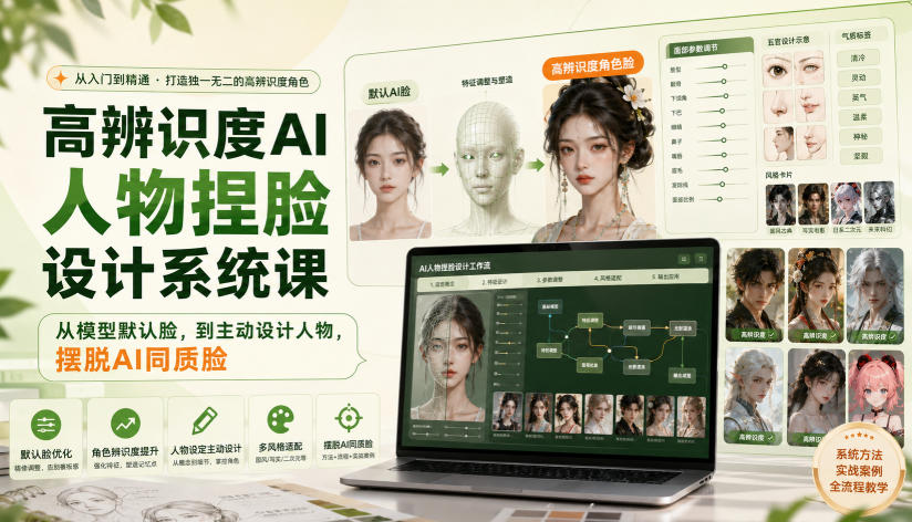 高辨识度AI人物捏脸设计系统课，从模型默认脸，到主动设计人物，摆脱AI同质脸-小二项目网